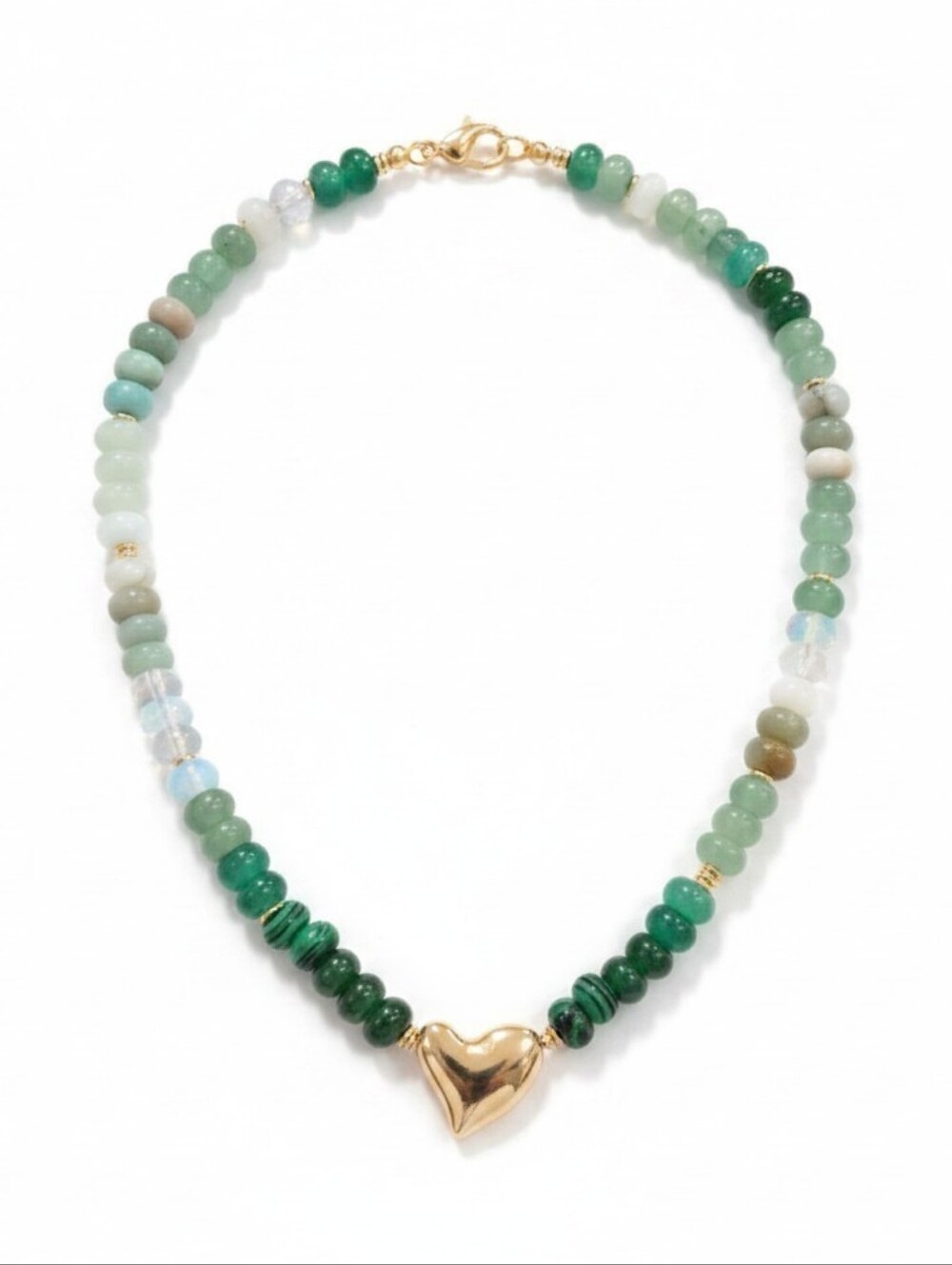 💚▪️Atterri ▪️ Elegant Green Semi Precious Stone Beaded Gold Heart 17in Pendant